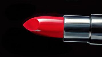 Vibrant Red Lipstick on Display in a Dark Setting Showcasing Beauty and Glamour. photo