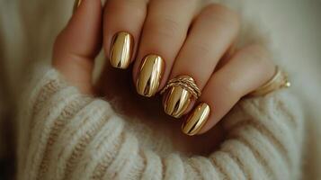 Stunning Gold Reflective Nail Art Showcased on a Hand Adorned With Elegant Rings photo