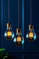 Elegant Hanging Light Fixtures Illuminating a Blue Wall Creating a Cozy Atmosphere. photo