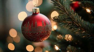 Decorative Red Christmas Ornament Hanging on Evergreen Tree With Soft Glowing Lights photo