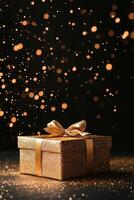 Sparkling Golden Gift Box With Ribbons and Confetti on a Dark Background Creating a Festive Atmosphere. photo