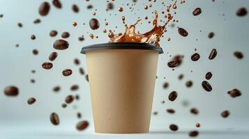 Coffee Splashing out of a Cup With Flying Coffee Beans in High Detail photo