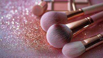 Beautiful Makeup Brushes and Cosmetic Products on a Shimmering Background photo