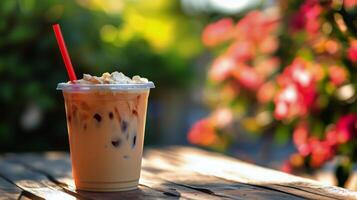 Refreshing Iced Coffee Beverage Sits on Wooden Table Surrounded by Blooming Flowers in Sunlight photo
