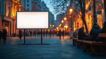 Bright Billboard Stands in a Bustling Urban Street at Dusk With Pedestrians Enjoying the Evening Air photo