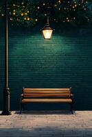 Warm Golden Light Illuminates a Wooden Bench Beside a Green Brick Wall in a Serene Outdoor Setting. photo