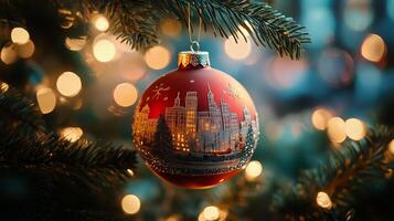 Decorative Red Christmas Ornament Hanging on Evergreen Tree With Soft Glowing Lights. photo