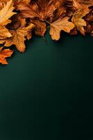 Colorful Autumn Leaves Arranged on a Dark Green Surface Creating a Seasonal Atmosphere photo