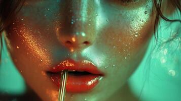 Close-up of a Person Sipping a Drink With Shimmer and Glow in a Vibrant Atmosphere photo