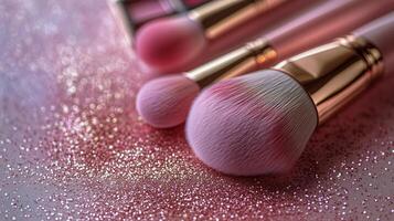 Beautiful Makeup Brushes and Cosmetic Products on a Shimmering Background. photo