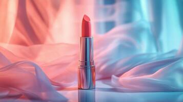 Vibrant Lipstick on a Reflective Surface Surrounded by Soft Fabric at Dusk photo