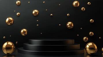 Elevated Display With Golden Spheres Against a Dark Background in Modern Design Setting photo