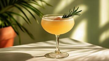 Craft Cocktail With Rosemary Garnish on a Sunlit Table in a Cozy Setting photo