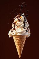 Creamy Ice Cream Cone Topped With Rich Chocolate Drizzle and Crunchy Toppings in Artistic Presentation photo
