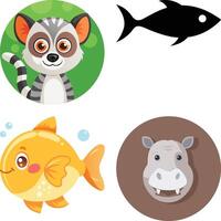 Animal icons set, including a fish, a hippo, and a zebra vector
