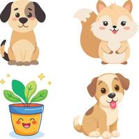Four cute dogs and a cat are shown in a cartoon style vector
