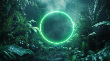 Neon Circle in a Dense Jungle With Mist and Lush Greenery During Nighttime photo