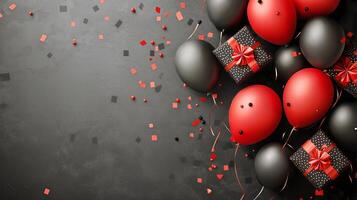 Celebratory Arrangement of Black and Red Balloons With Presents on a Dark Background photo