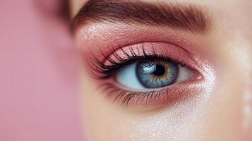 Close up of a Beautifully Styled Eye With Soft Pink Makeup on a Model Against a Light Pink Background photo