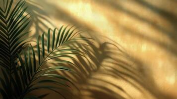 Shadows of Green Leaves Cast on a Warm Golden Wall During Afternoon Light in a Cozy Indoor Space photo