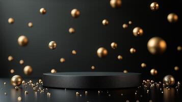 Elevated Display With Golden Spheres Against a Dark Background in Modern Design Setting. photo