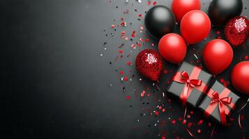Celebratory Arrangement of Black and Red Balloons With Presents on a Dark Background. photo