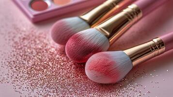 Colorful Makeup Brushes Arranged on a Glittery Surface With Eyeshadow Palette in the Background photo