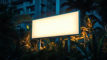 Illuminated Blank Billboard Surrounded by Tropical Plants at Dusk in an Urban Setting photo