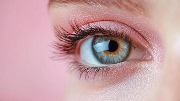 Close up of a Beautifully Styled Eye With Soft Pink Makeup on a Model Against a Light Pink Background. photo