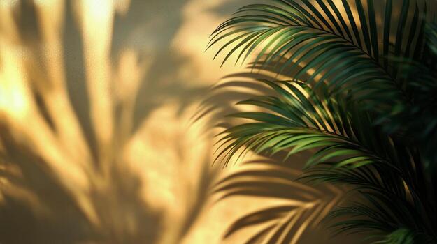 Shadows of Tropical Leaves Creating an Artistic Display on a Wall at Sunset photo