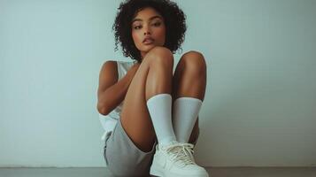 Young Woman Seated on the Floor Wearing Stylish Sneakers and Casual Outfit in a Minimalist Setting photo