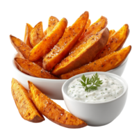 Sweet potato fries with creamy dip appetizer side dish food cuisine isolated on transprint background png