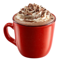 Delicious hot cocoa with whipped cream and chocolate flakes in red mug isolated on transprint background png