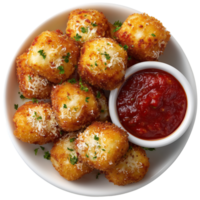 Fried mozzarella cheese balls appetizer with marinara dipping sauce isolated on transprint background png