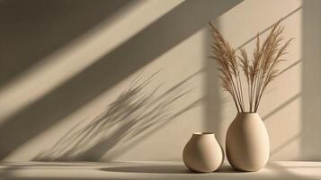 Two Elegant Vases Sit Beside Each Other, Filled With Dried Plants in a Soft, Warm Environment. photo