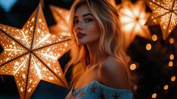 Model Poses Under Glowing Stars in an Evening Setting With Vibrant Lights. photo
