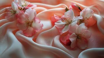 Delicate Pink Cherry Blossoms Scattered on Soft Satin Fabric Creating an Elegant Arrangement photo