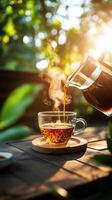 Brewing Coffee in a Cozy Cafe With Warm Lighting and Green Plants in the Background During Morning Hours. photo