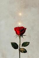 Elegant Red Rose With Golden Sparkles Against a Soft Background Creating a Magical Ambiance photo