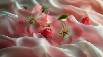 Soft Pink Silk Fabric Draped With Delicate Cherry Blossom Flowers for a Serene Ambiance Display. photo
