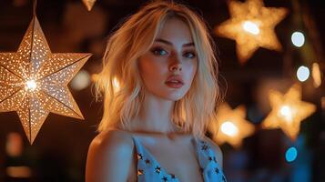 Model Poses Under Glowing Stars in an Evening Setting With Vibrant Lights photo