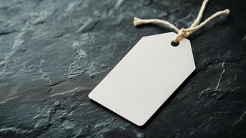Blank Tag on Black Surface Ready for Labeling or Crafting at Any Time of the Day. photo