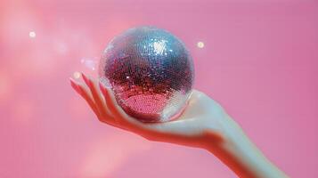Hand Holding a Disco Ball Against a Pink Background With Soft Lighting Effects photo