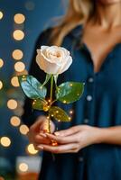 Beautiful White Rose Held by a Woman With Soft Lights in the Background for a Romantic Atmosphere photo