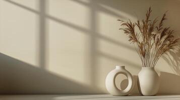 Two Elegant Vases Sit Beside Each Other, Filled With Dried Plants in a Soft, Warm Environment photo