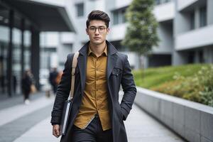 Young Man in Overcoat Carrying Portfolio, Urban Setting photo