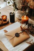 Envelope with seal and dried flowers photo