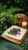 Floral arrangement on an open book photo