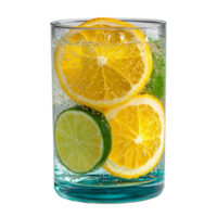 Refreshing citrus beverage in glass with orange and lime slices inside isolated on transprint background png