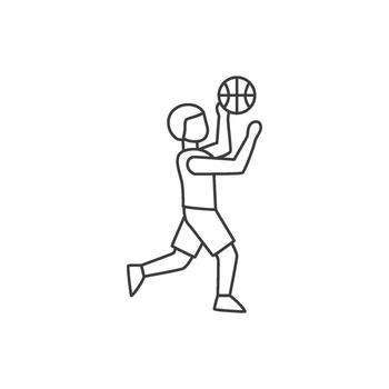 An outline icon of a basketball player preparing to shoot the ball, demonstrating the action of scoring. vector